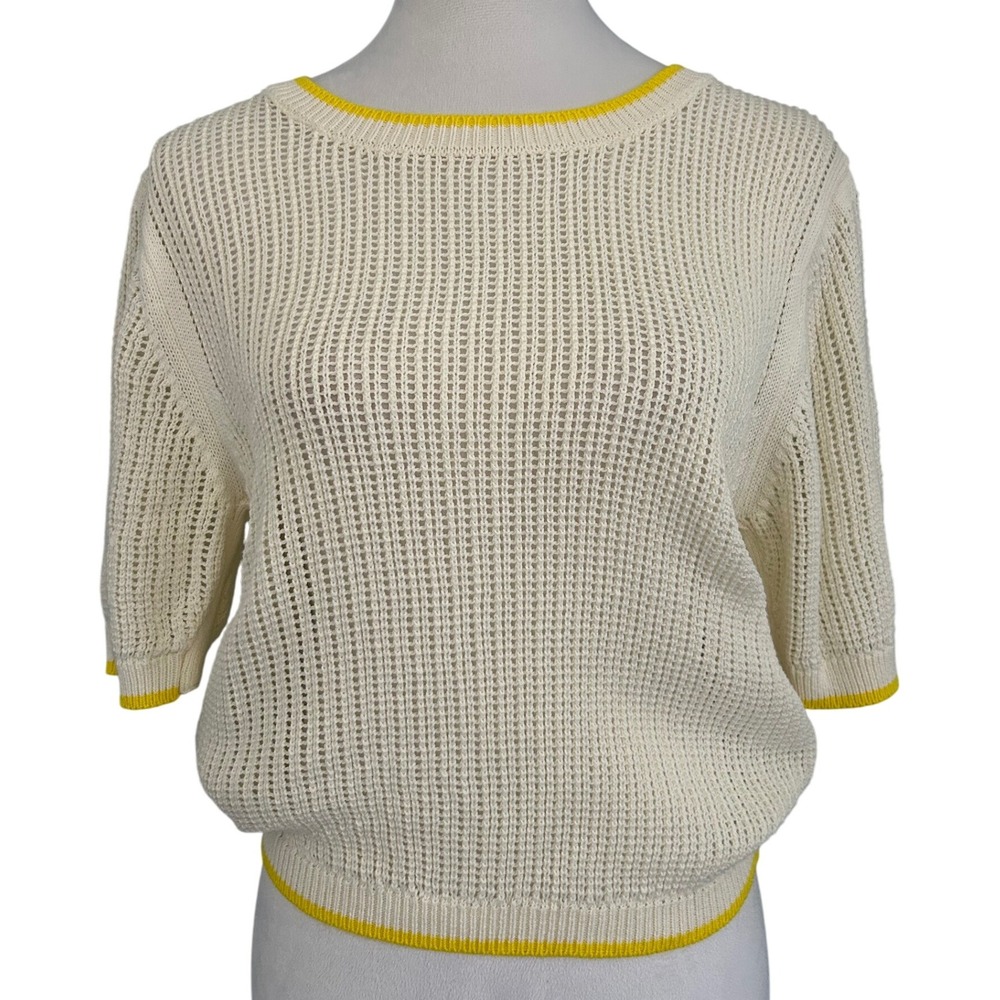 By Together Knit Crewneck Sweater Top Yellow‎ Trim Cream Small